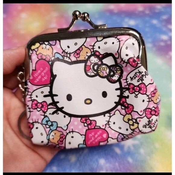 Hello Kitty Face Heart Coin Snap Purse Keychain Kawaii Sanrio Travel Gift Wallet - Picture 3 of 4